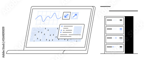 Laptop screen with charts, graphs, and data analysis tools next to a stack of connected servers. Ideal for analytics, technology, networking, database management, cloud computing, IT infrastructure