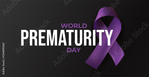 Purple ribbon beside World Prematurity Day message on black background. Emotional symbol of support for premature babies, neonatal care, early birth awareness. Glossy 3D vector illustration
