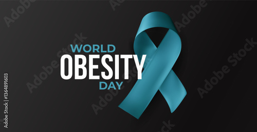 Teal awareness ribbon with World Obesity Day text promoting healthy lifestyle and global wellness awareness. Vector illustration