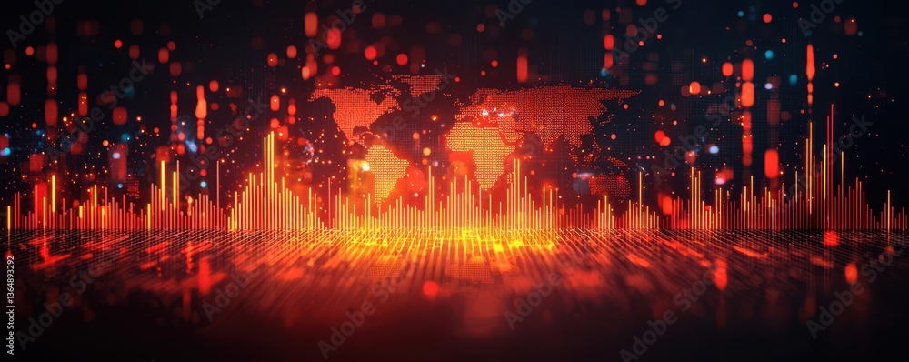 Obraz premium A vibrant digital landscape featuring a world map, sound waves, and data visualizations in warm colors, illustrating the connection between technology and communication.