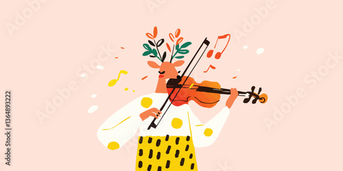 A whimsical illustration captures the essence of music, as a deer-like character plays the violin with joyous exuberance, surrounded by musical notes and stylized floral antlers.