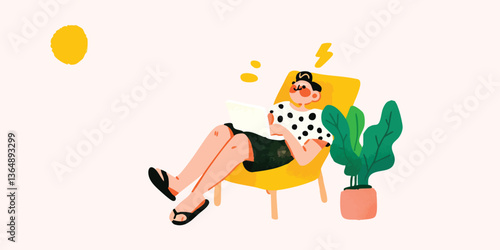 An artistic illustration of a person enjoying leisure time outdoors. The scene depicts a person sitting on a comfortable recliner, absorbing the warm sunshine and serenity. 