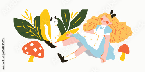 A whimsical scene from a beloved fairytale, featuring a young girl with flowing blonde hair reclining amidst a vibrant botanical backdrop, capturing a dreamlike atmosphere.