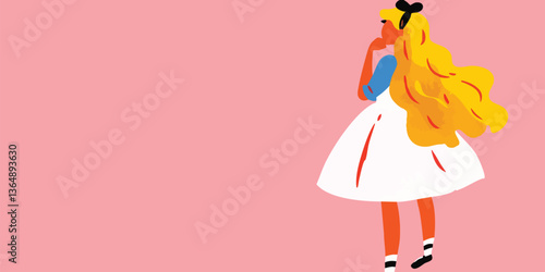 A charming cartoon depiction of a young girl with flowing blond hair and a classic blue dress and white skirt, poised in a contemplative pose against a gentle pink backdrop. 