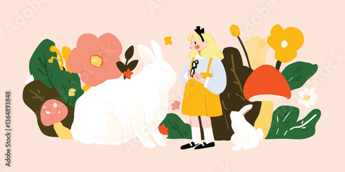 An enchanting illustration captures Alice's whimsical encounter with the White Rabbit in a garden filled with magical flora.
