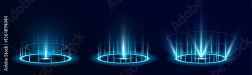 Futuristic neon portal with glowing energy circles. Sparks highlight the teleportation process in a high-tech style. Vector illustration for gamers.
