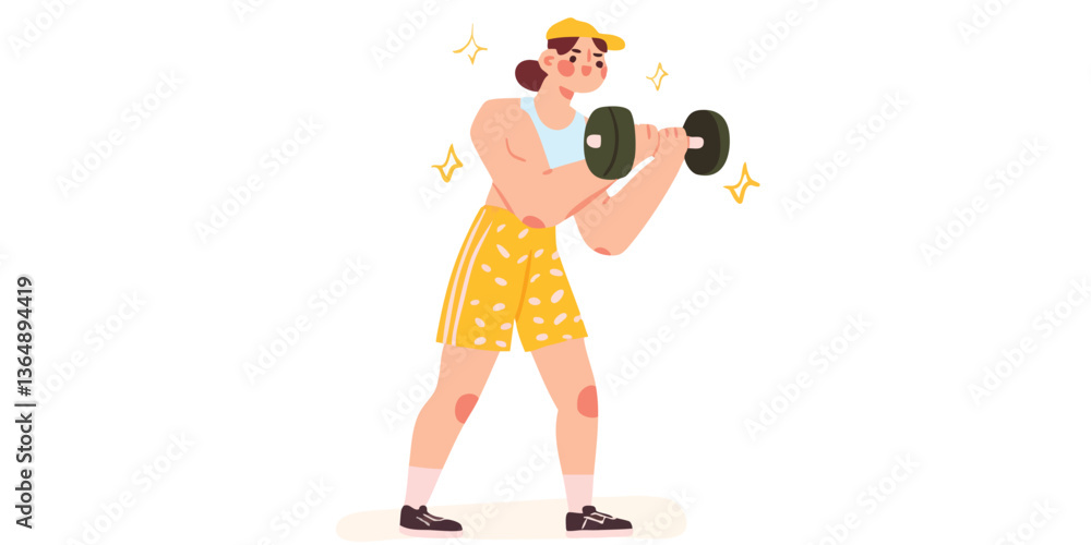 Fototapeta premium A dynamic woman lifts a dumbbell, showcasing her strength in this illustrative piece, radiating a zest for fitness and an active lifestyle.