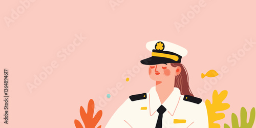 A woman in a naval uniform, depicted in a vibrant and detailed illustration, with a soft pink background. Capturing the poise and dedication associated with maritime professions.