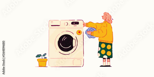 A lively illustration of a person interacting with a washing machine, symbolizing domesticity and routine. The scene is colored with gentle hues, and the focus is on the daily chores.