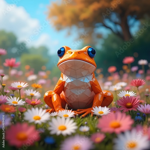 Stunning Low-Poly Orange Frog in Colorful Wildflower Meadow - 3D Render with Geometric Design