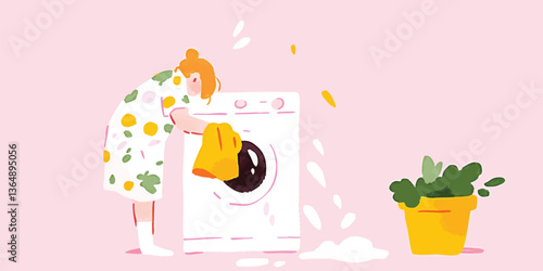 A woman diligently cleans a washing machine, captured in a vivid illustration. The image conveys a sense of domesticity and meticulousness, suggesting everyday chores in a bright, illustrative style.