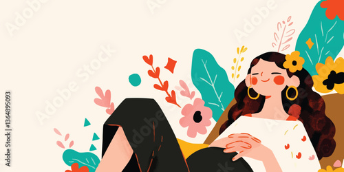 A woman reclines serenely, bathed in sunlight amid vibrant flora, lost in the tranquil reverie, adorned with flower in hair.