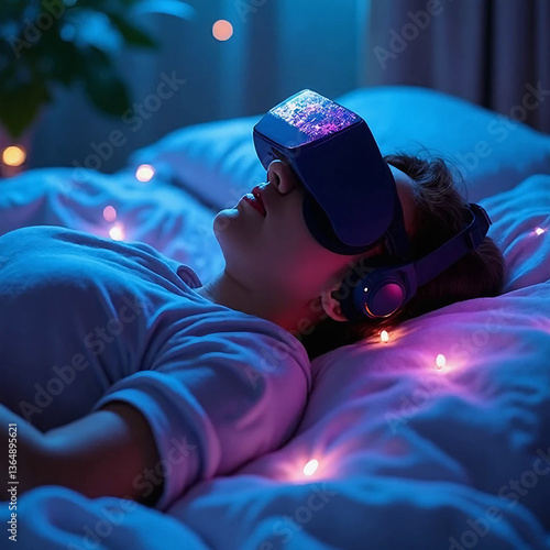 A person sleeping with a neural headset, experiencing an AI-generated lucid dream of a surreal, colorful fantasy world.