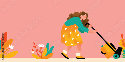 A woman diligently mows the lawn, depicted in a captivating illustration featuring vibrant colors and stylized details. She is captured in a scene of everyday life.