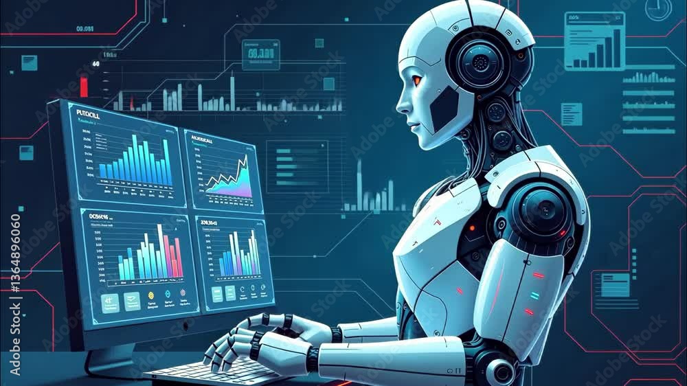 Advanced ai robot analyzing data in futuristic environment with digital screens Advanced ai robot analyzing data in futuristic environment with digital screens