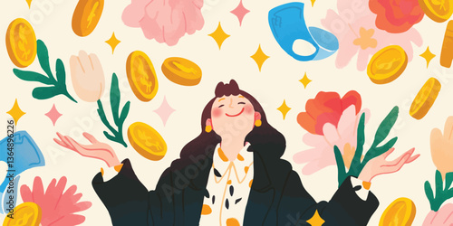 A vibrant illustration of a woman happily embracing the shower of gold coins, flowers and ornaments, embodying the essence of joy. The art style evokes the feelings of celebration and prosperity.