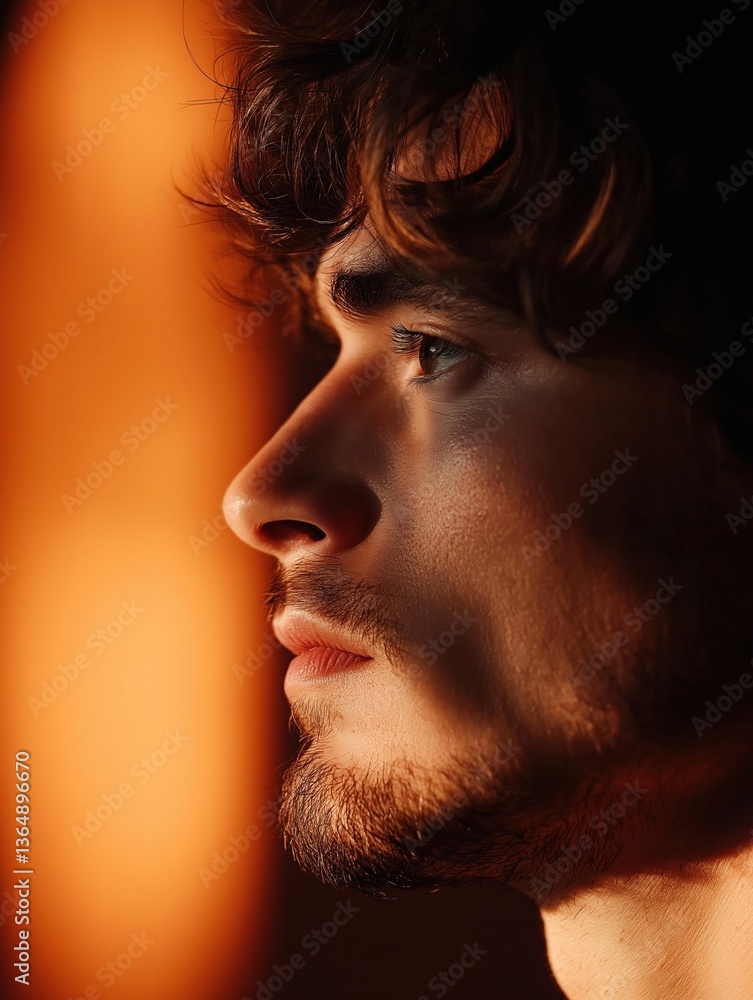 Close-up portrait of a young man's face. the man has dark hair and a beard, and his eyes are looking off to the side. Close-up portrait of a young man's face. the man has dark hair and a beard, and his eyes are looking off to the side.
