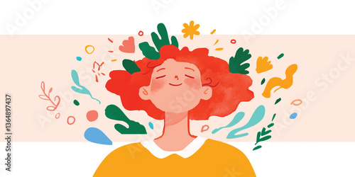 A woman finds inner peace, her imagination and joy in a serene, natural embrace filled with colorful, floral thoughts and botanical elements.