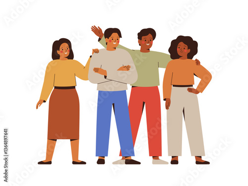People stand and embrace together. business teams collaborate. Unity and support between colleagues in company. Start up and work project begining. Vector illustration
