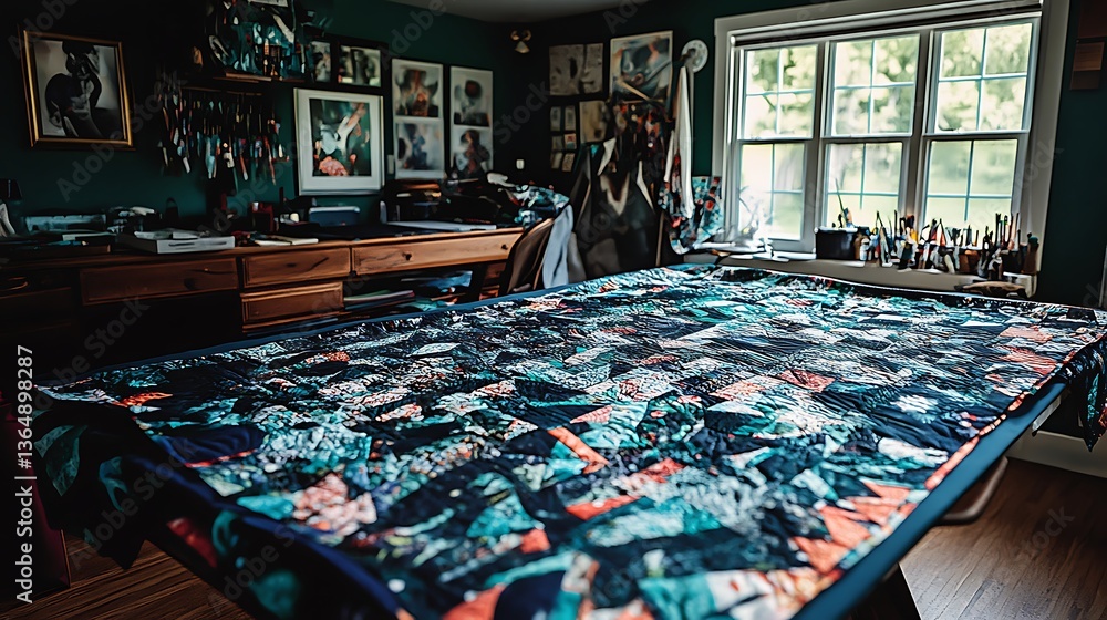 Fototapeta premium Textile lies on a table in the artist's atelier with sunlight streaming in