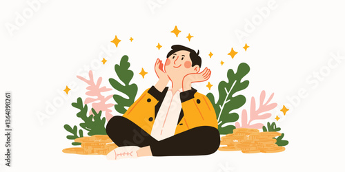 A person, adorned with radiant stars and surrounded by vibrant flora, appears lost in wonder and awe, against a backdrop of serenity. 