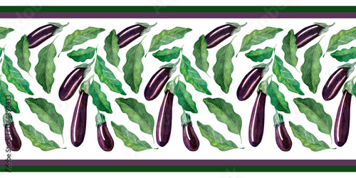Watercolor seamless pattern with ripe shiny eggplants