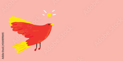 A vibrant red and yellow bird takes flight, its silhouette contrasting against a soft pink background, accompanied by a stylized sun, evoking feelings of joy.