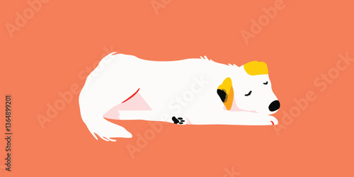A whimsical illustration of a dog rests serenely on a warm, vibrant backdrop, capturing a moment of quiet comfort and contentment.