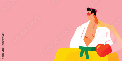 A determined boxer, clad in a robe and boxing gloves, finds solace in a tender moment as a hand gently offers support, ready for a match.