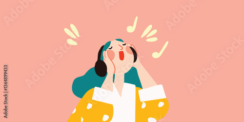 A moment of pure musical bliss, a young woman with teal hair is lost in the ecstasy of sound, fully immersed in the music. The illustration captures a feeling of happiness and the enjoyment.
