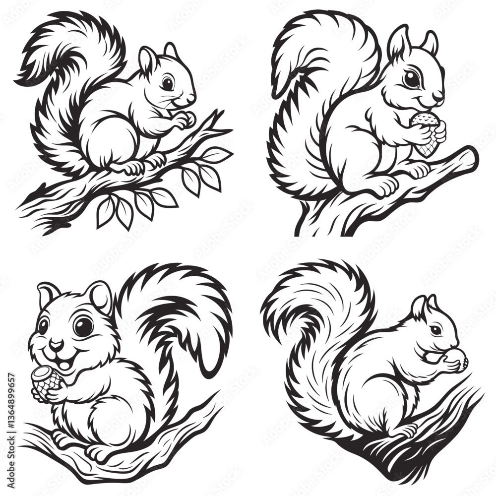 Naklejka premium 4 set line art Squirrel vector