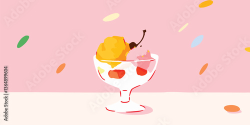 A delightful illustration of a sundae with a cherry on top, served in a stylish glass, capturing a sense of sweetness and pleasure with a vibrant color palette and playful atmosphere.