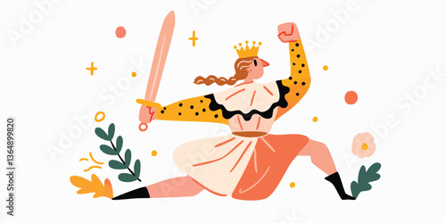 A regal, heroic figure in an illustrative portrayal, brandishing a sword amidst an explosion of vibrant elements. A princess, exuding courage and resolve, epitomizes strength and adventure.