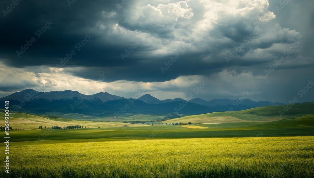 Fototapeta premium A large green field with dark storm clouds in the background and mountains in the distance.