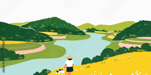 A tranquil scene, a person and a dog, stands in admiration, observing the flowing water through mountains.