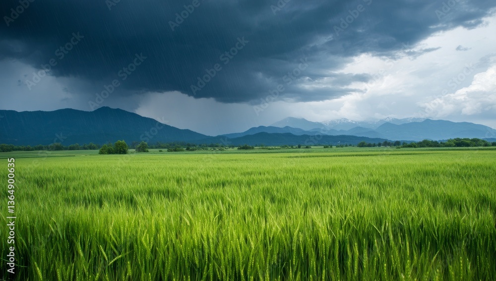 A large green field with dark storm clouds in the background and mountains in the distance. A large green field with dark storm clouds in the background and mountains in the distance.