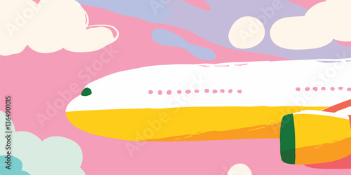 An eye-level shot of a commercial aircraft soars majestically through the fluffy clouds, with the vibrant sky filled with hues of pastel.