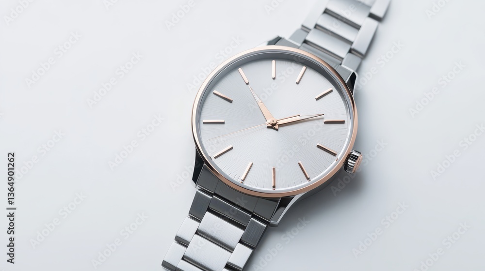 A sleek silver watch with minimalist styling and a white dial is positioned elegantly against a pale background, showcasing its rose gold hands and markers, perfect for formal or casual wear A sleek silver watch with minimalist styling and a white dial is positioned elegantly against a pale background, showcasing its rose gold hands and markers, perfect for formal or casual wear