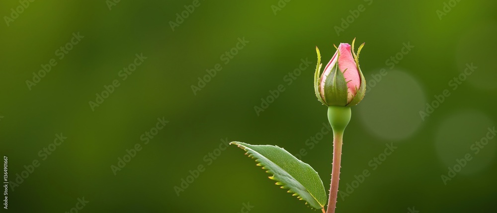 Close-up of a single pink rose bud on a stem. the rose bud is in full bloom, with its petals slightly open and its stem and leaves visible. Close-up of a single pink rose bud on a stem. the rose bud is in full bloom, with its petals slightly open and its stem and leaves visible.