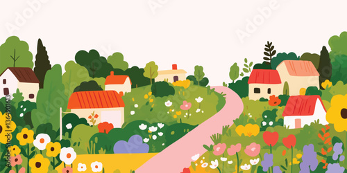 An idyllic illustration of a charming village, with colorful houses nestled amidst lush greenery, hinting at peace and serenity.