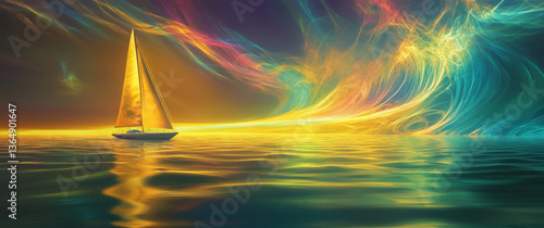 a golden sailboat on a sea of abstract lines
