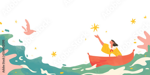 An illustration depicts a woman in a boat reaching for a shining star, symbolizing aspirations and dreams in a serene and imaginative artwork.