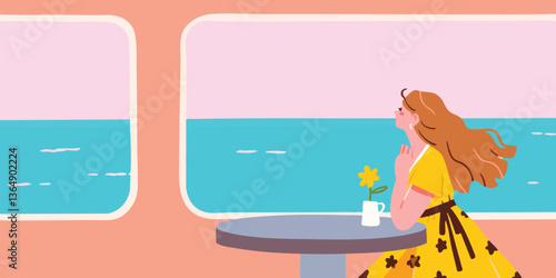 A serene young woman gazes out of a train window, immersed in the scenic journey. capturing a moment of mindful travel.