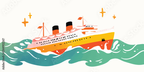 A vibrant illustration of a majestic cruise ship navigating through a vast ocean under a starry sky. The artwork captures the excitement of travel and the allure of the open sea.