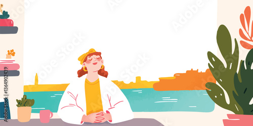A serene woman gazes pensively, surrounded by tranquil interior with scenic backdrop.