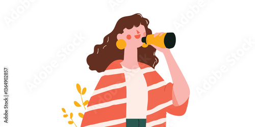 A stylish woman, dressed in vibrant attire, peers through a telescope with a sense of exploration.