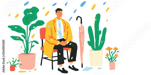 A lone figure sits in the rain amidst potted plants, an umbrella close at hand, embodying a mood of contemplative solitude and quiet moments.