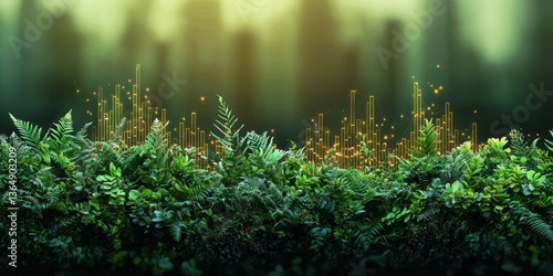 A lush green landscape with vibrant ferns and abstract city-like structures, blending nature with urban elements, evoking a sense of harmony and growth.