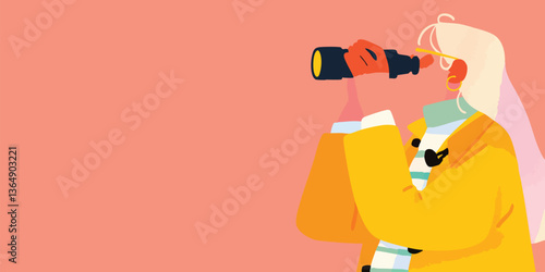 A vibrant illustration of a woman with a telescope, set against a warm backdrop, symbolizing exploration and discovery.