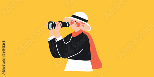 An animated individual, smartly dressed, gazes through a telescope, embodying curiosity and exploration, set against a vibrant backdrop.